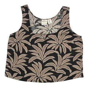 Rachel Zoe 100% Linen Cropped Tank Top‎ Palm Leaf Print Black Tan Medium EUC